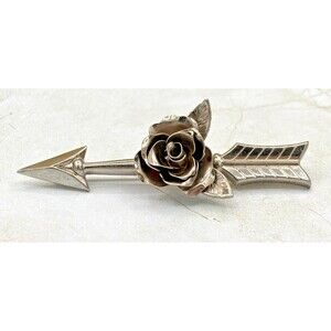 Vintage Signed Coro Pegasus Silver Tone Rose & Arrow Pin Brooch 2 3/4"‎